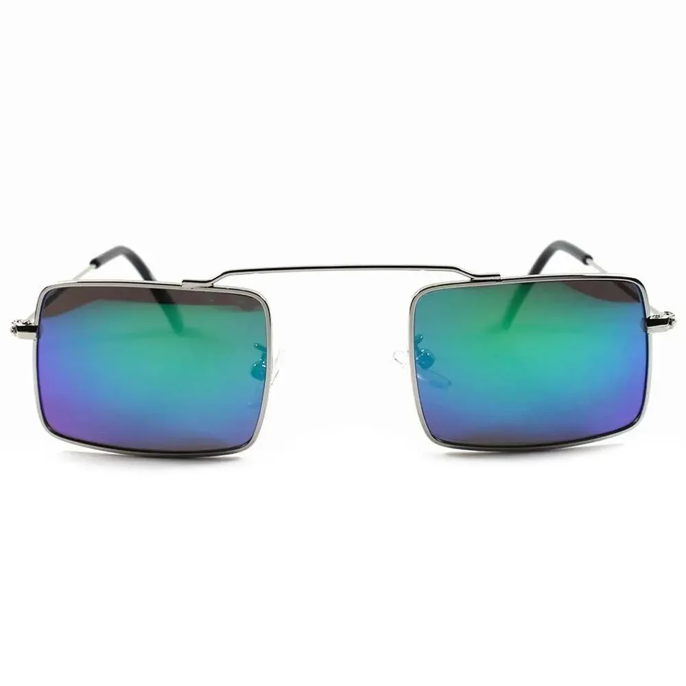 Small Rectangle Sunglasses Silver Frame Green Purple Mirrored Lens